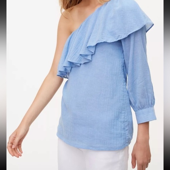 Ann Taylor Loft Blue Chambray Cotton One Shoulder Ruffle Top Blouse Small NWT - Picture 1 of 11